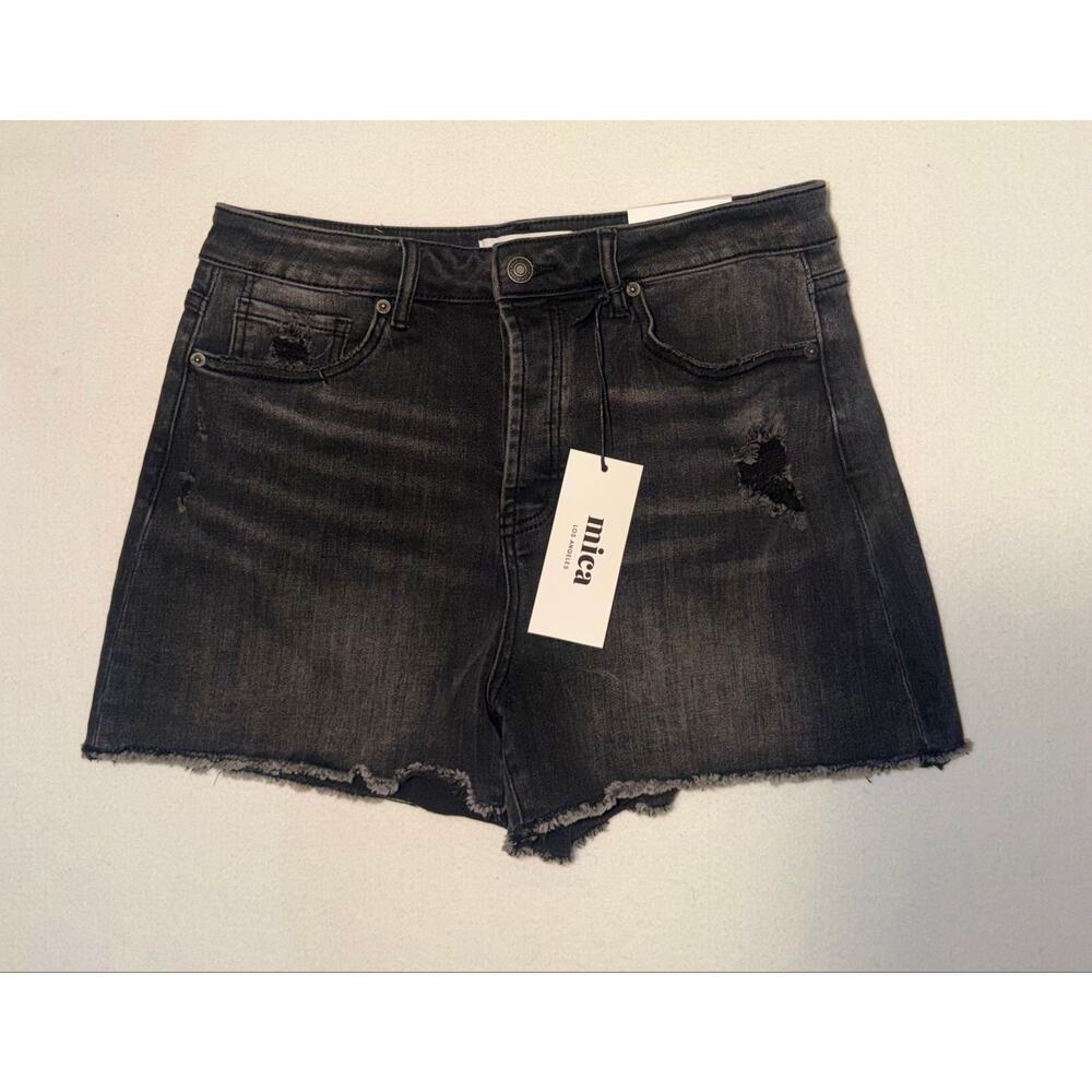 Mica Los Angeles New distressed button zipper black raw frayed hem jeans shorts - Picture 14 of 16